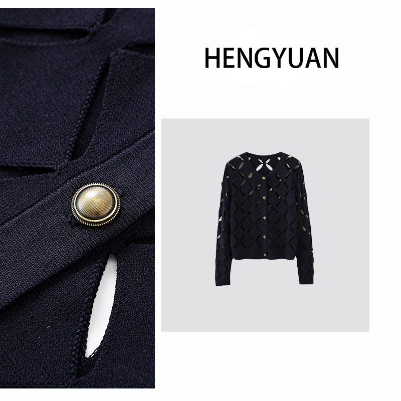 HEYU 时尚小香风女士高定镂空菱格单排扣轻奢设计师针织衫-2055