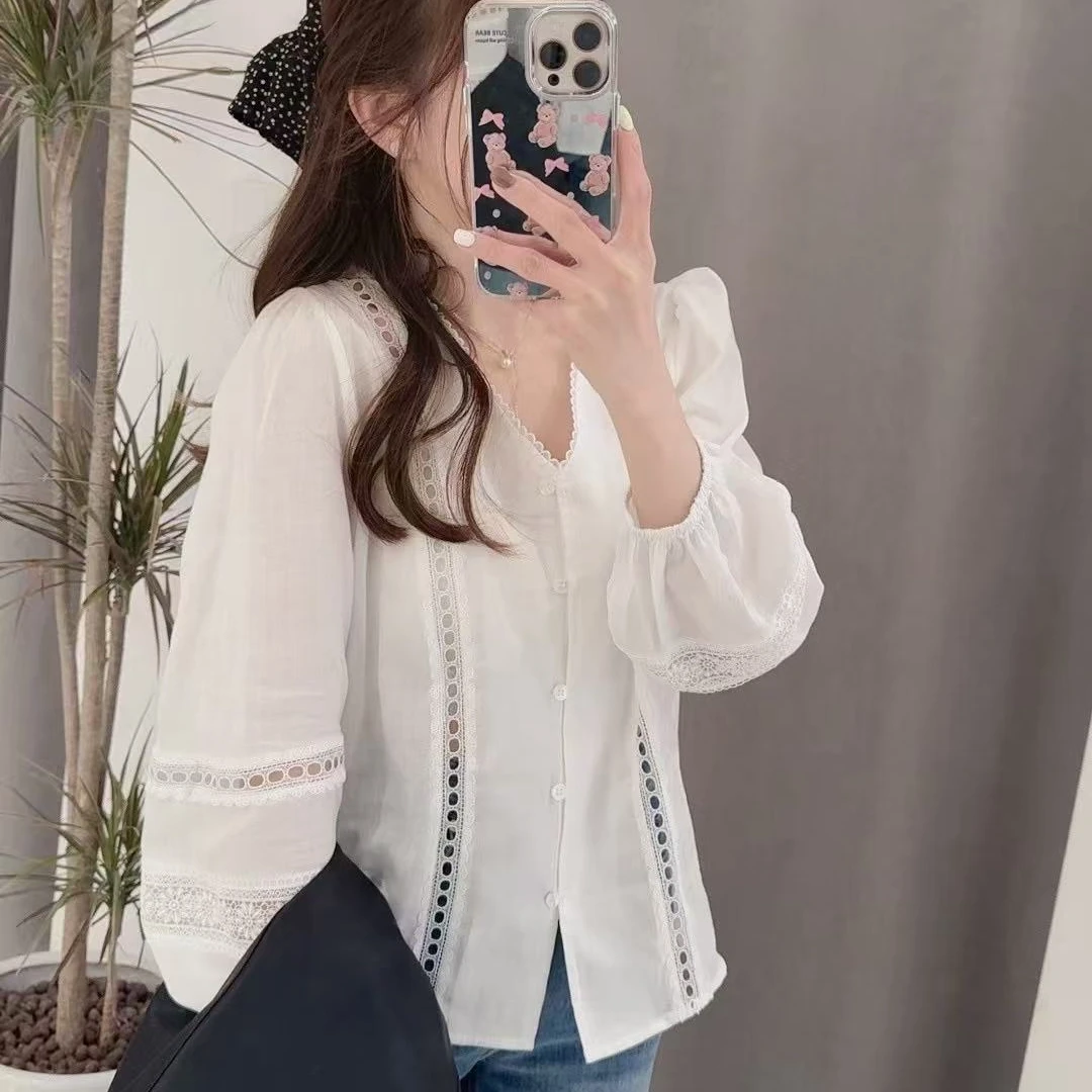 ouran  春款G1206百搭显瘦V领花边镂空设计感小衫