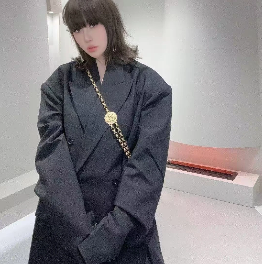 【HAV】  新款时髦高级西服领双排扣中长款长袖外套