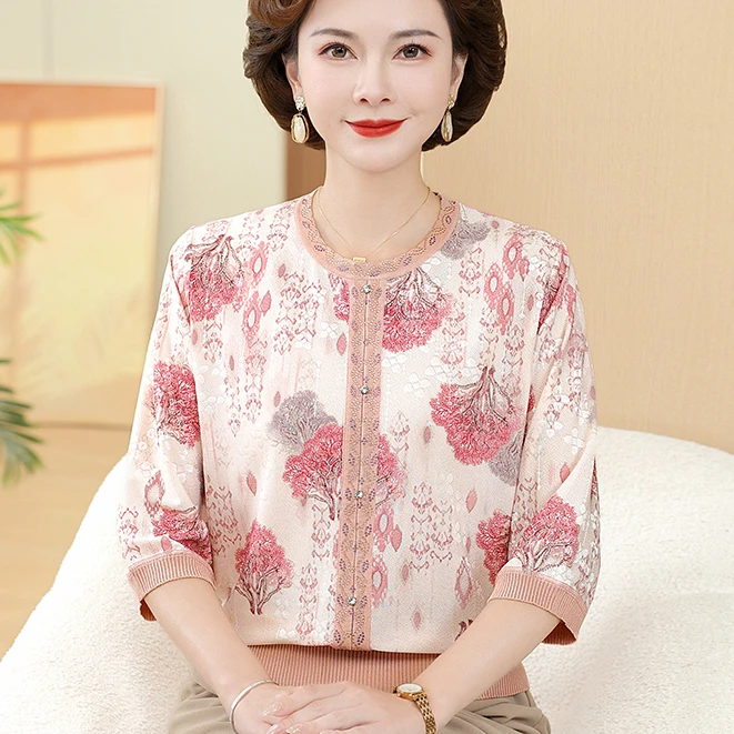 2025新款妈妈夏装短袖小衫翻领冰丝上衣洋气中老年女雪纺宽松T恤