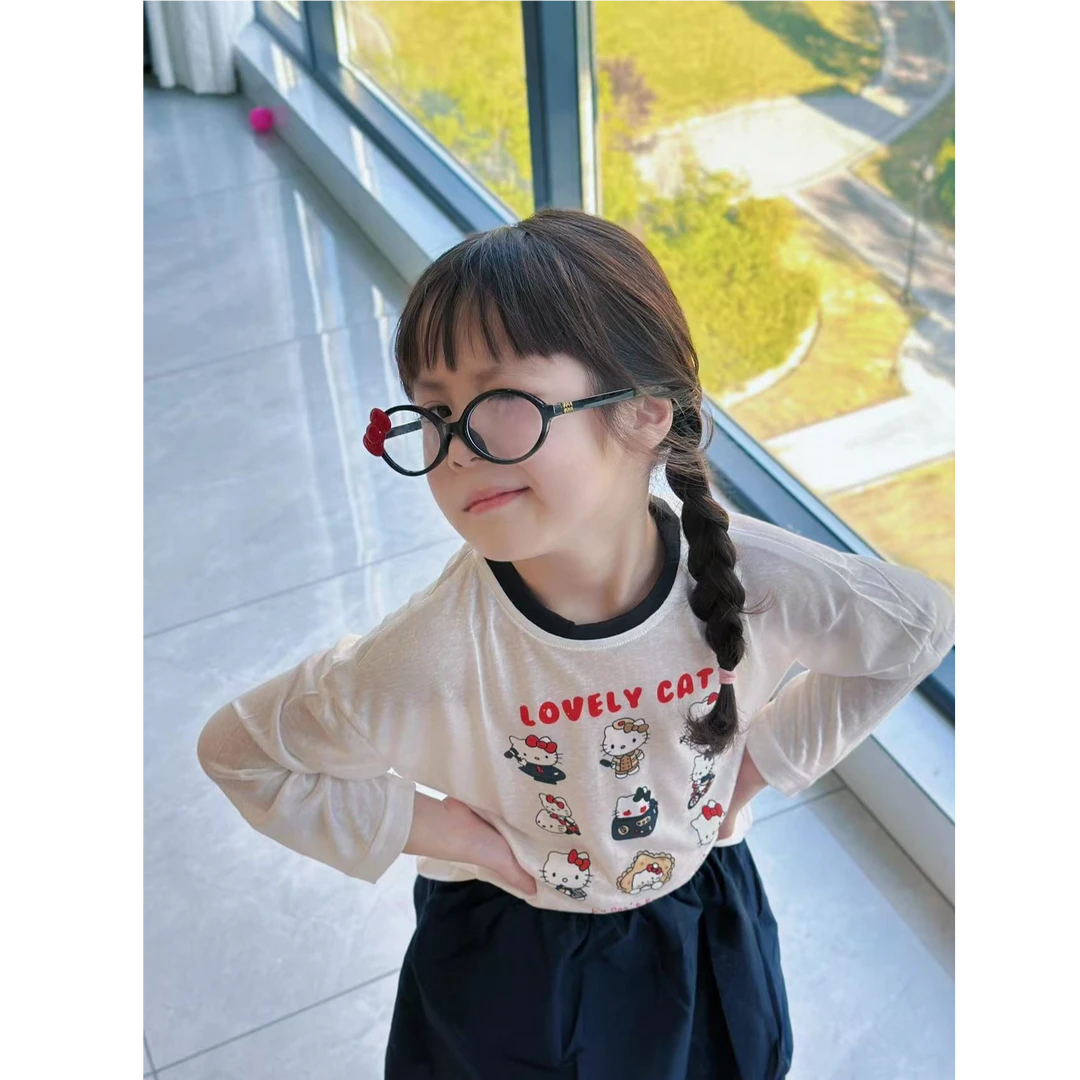 壹妈韩版女童夏套装洋气儿童休闲时髦kt猫防晒衣t恤长袖上衣半裙