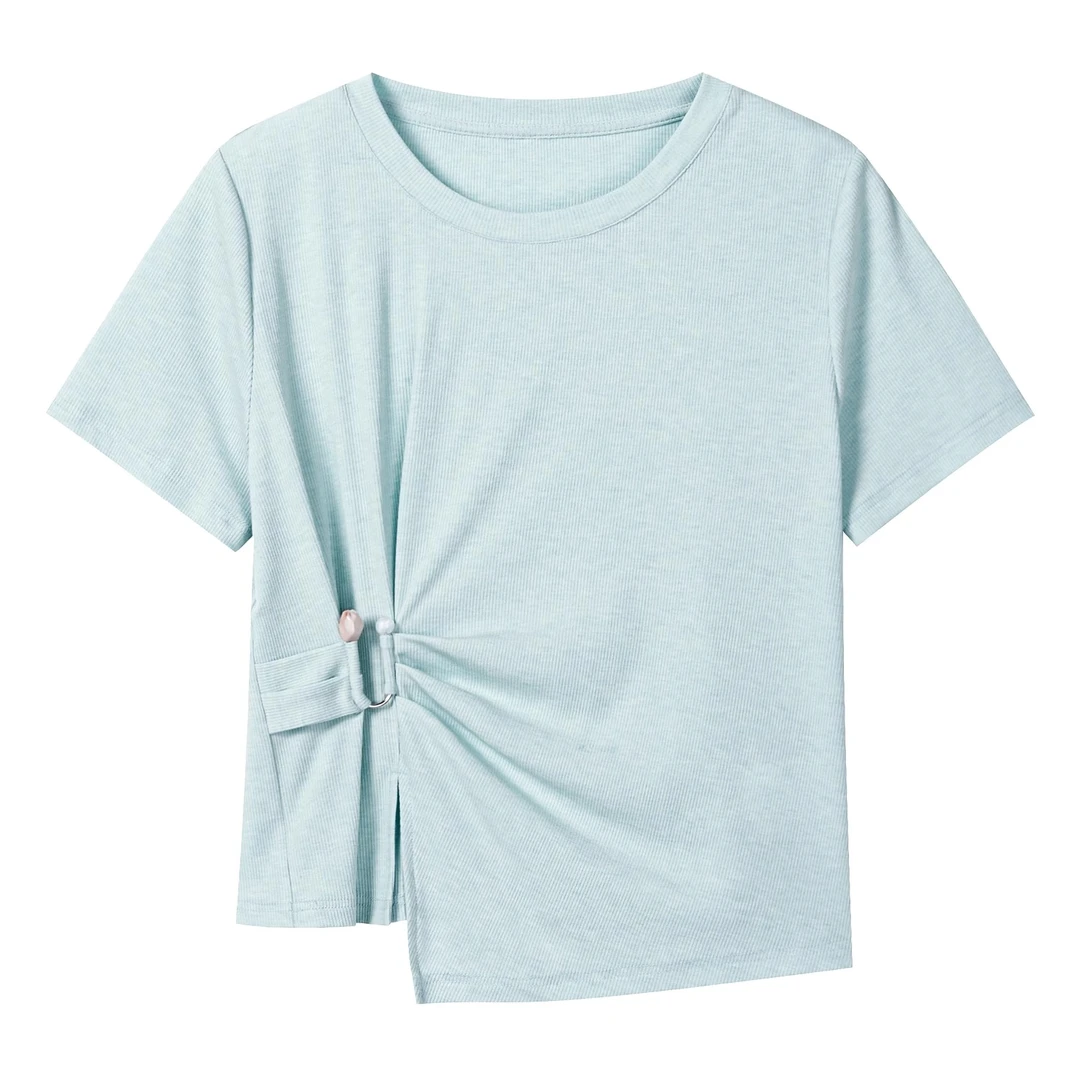 羊城故事-蓝色圆领正肩短袖t恤女不规则时尚百搭上衣Y50650990