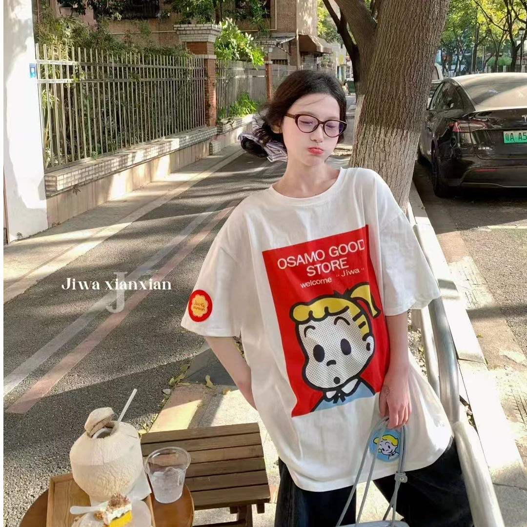 【钱呼呼】2025春夏新款可爱小女孩印花大版型白色短袖T恤女