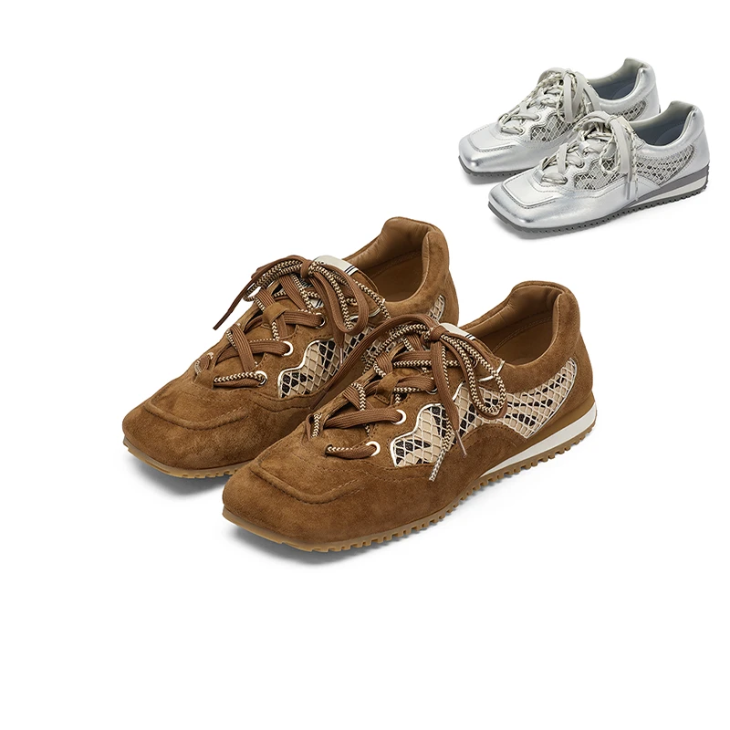 25年春季新款复古真皮方头德训绑带休闲运动阿甘鞋女