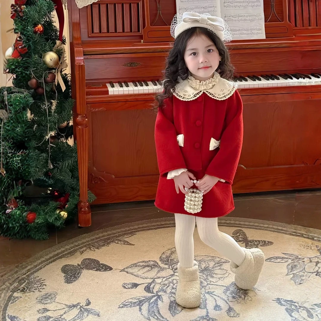 女童冬季红色洋气毛呢加绒加厚女孩拜年服装娃娃领小香风休闲套装