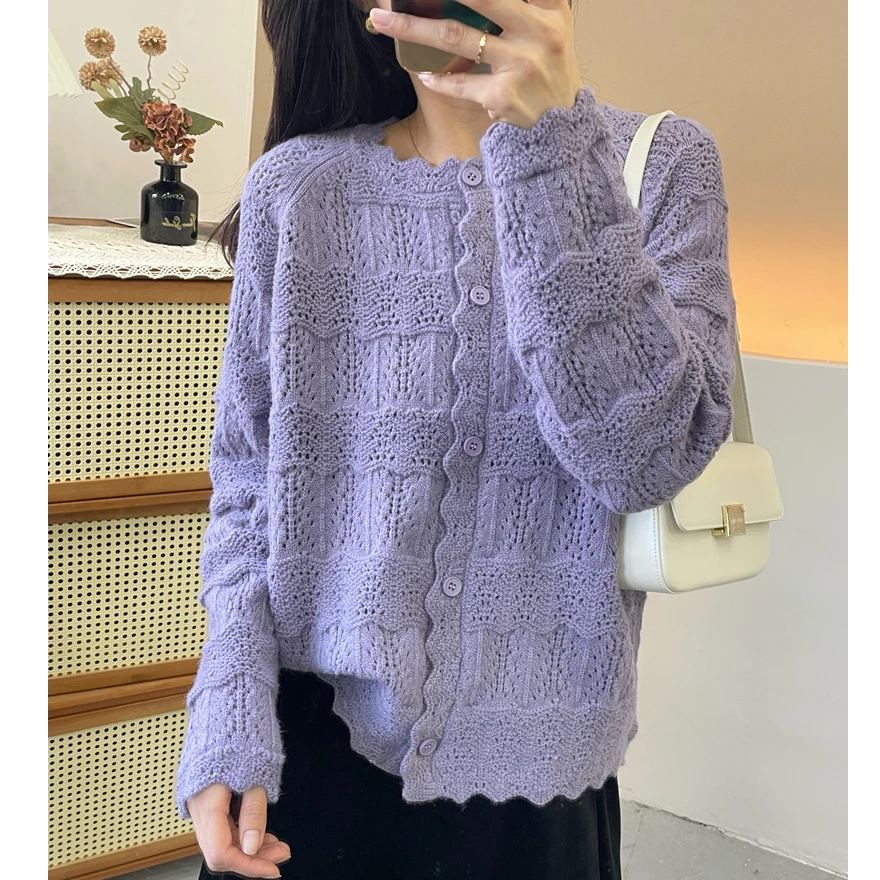 早秋温柔小香风钩花圆领花边针织开衫女宽松长袖针织衫气质外套新