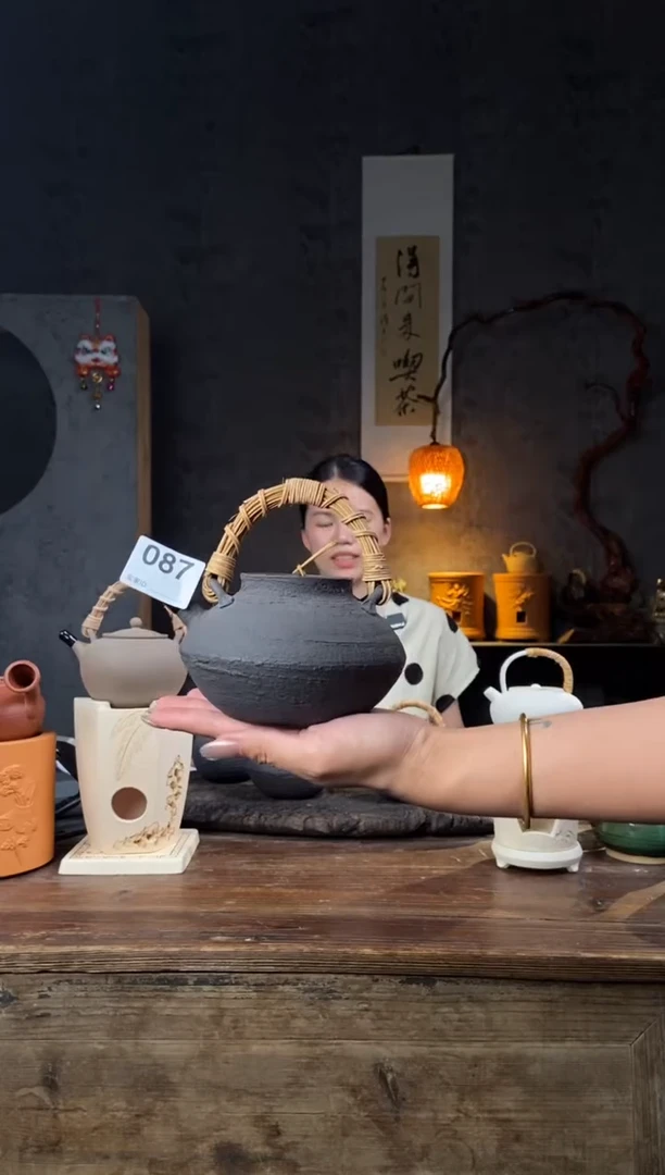 全手工潮州原矿砂铫壶黑陶双盖壶087