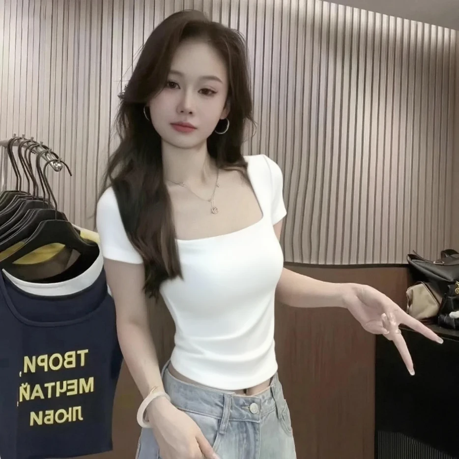 法式白色方领正肩短袖T恤女新款夏季显瘦小众黑色修身露锁骨上衣