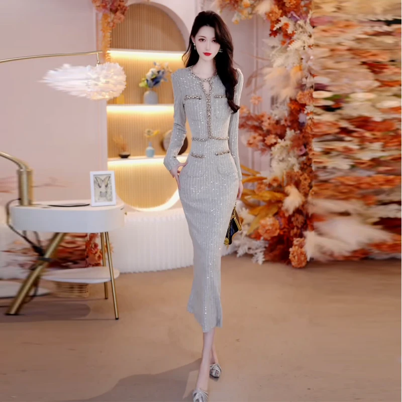 秋冬新款女装气质修身包臀裙显瘦轻奢名媛长袖法式打底连衣裙1873