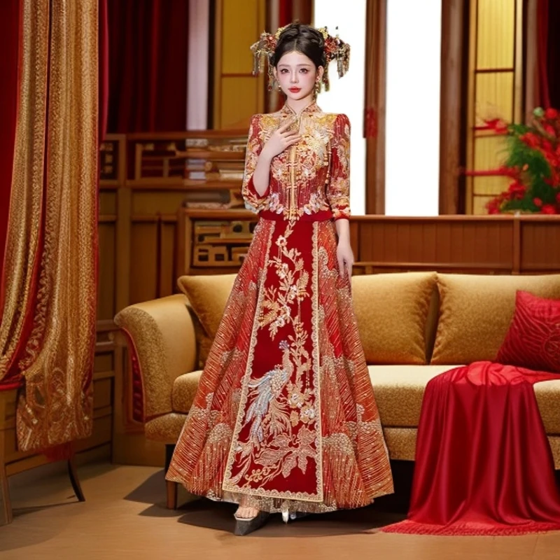 立体剪裁薄款七分袖新中式风女士秀禾服无袖常规款女新娘婚服新款