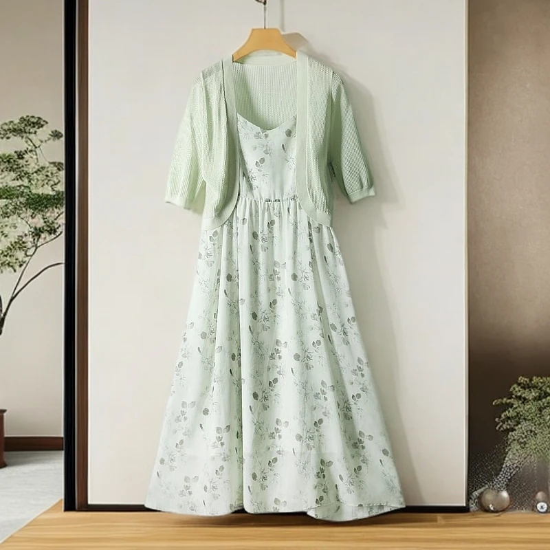 【魔】剪标文静无扣毛衫&印花吊带连衣裙子套装女733品牌折扣25夏