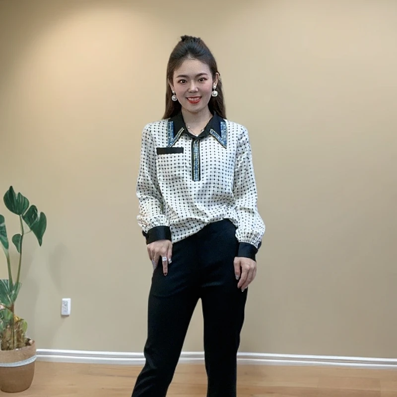 【火火精选】白底黑点西装领长袖休闲气质女士桑蚕丝衬衫 73237