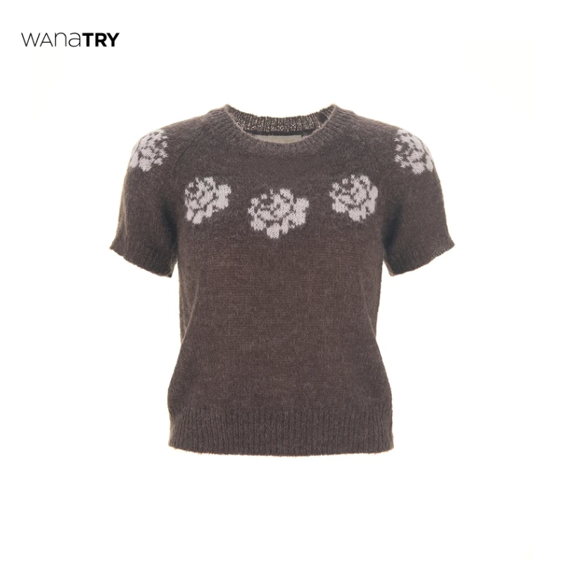 【自播专享】WanaTry咖色复古羊毛短袖针织上衣（早春新品）