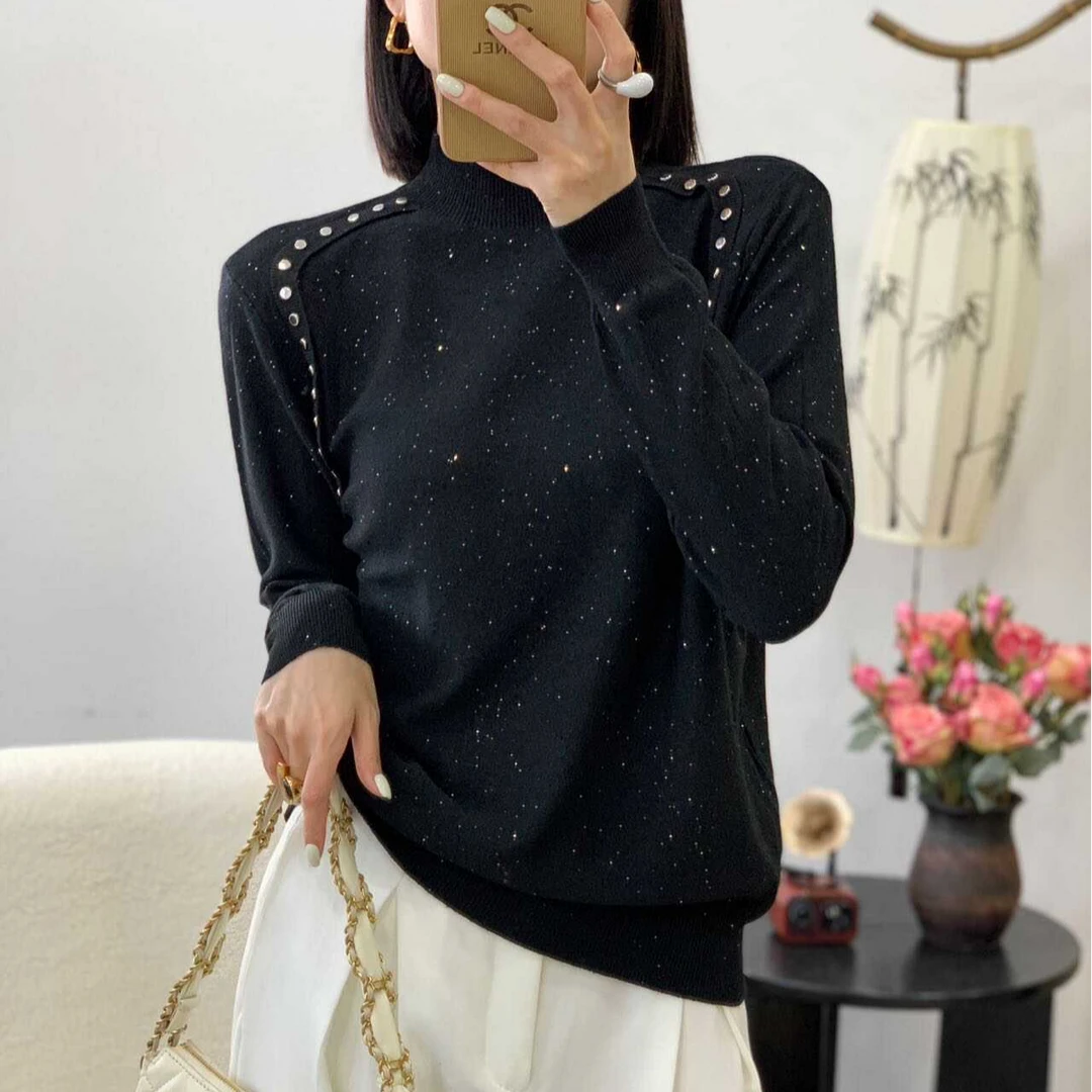 【茶芙巷】边芙卡纯色铆钉半高领针织衫内搭宽松女款上衣5508【YLL】