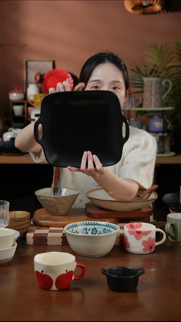 瓷片黑色正方形双耳烤盘 微瑕 凑满20发货