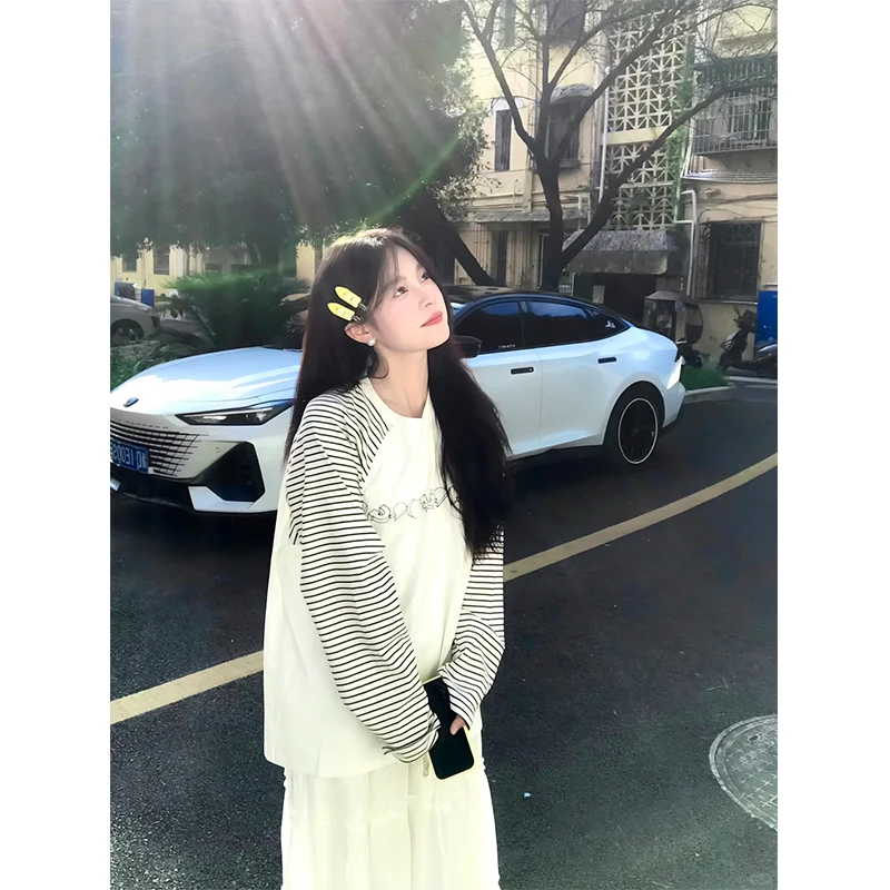 韩版圆领条纹小众宽松百搭长袖T恤女秋季ins设计感休闲学院风复古