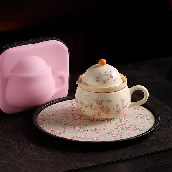奶黄定窑紫藤花茶咖杯旅行茶具套装露营便携式功夫一壶一杯带茶盘
