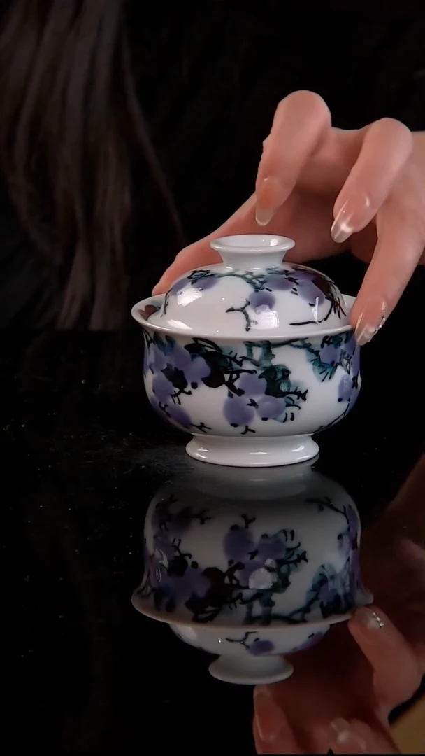 清*༒李华手绘釉中五彩葡萄盖碗