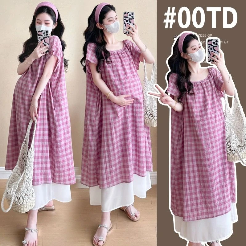 时髦孕妇装夏季新款大码时尚夏天宽松中长款格子假两件拼接连衣裙