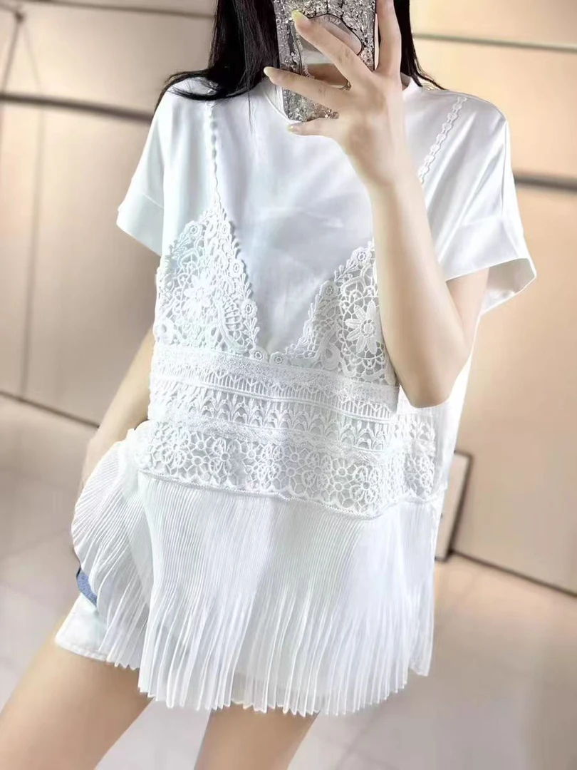 11126镂空刺绣透气中长款短袖圆领T恤夏季遮肚薄雾少女风