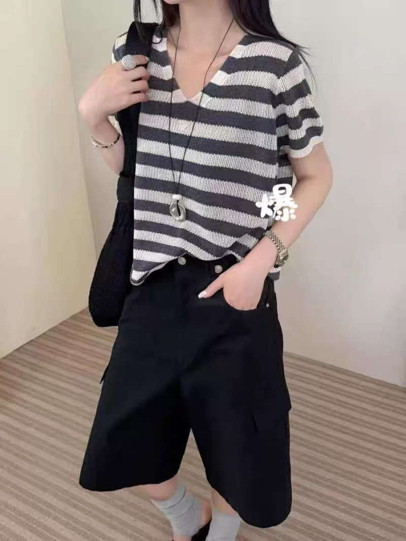 【大麦运费补贴】条纹和纸纱~夏季韩版小心机时尚短袖针织衫