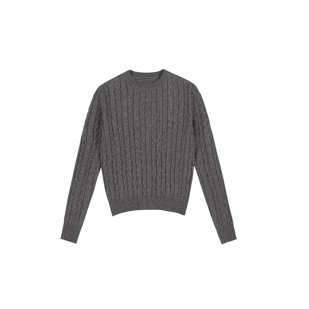 灰色毛衣麻花毛衣短款修身显瘦秋冬时尚百搭洋气针织衫女圆领毛衫