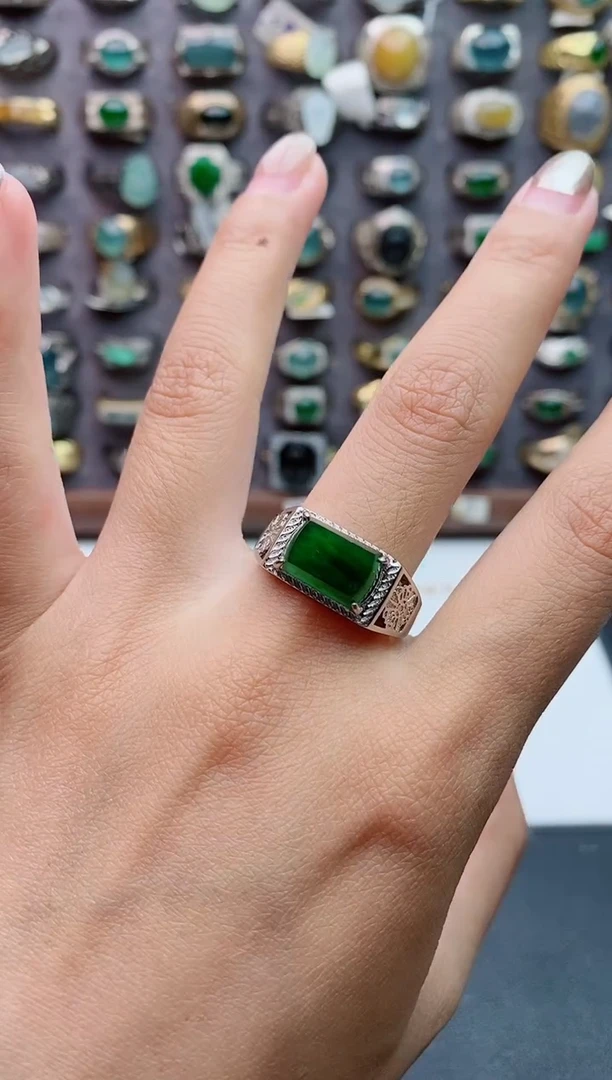 银S925镶嵌戒指翡翠天然翡翠男戒