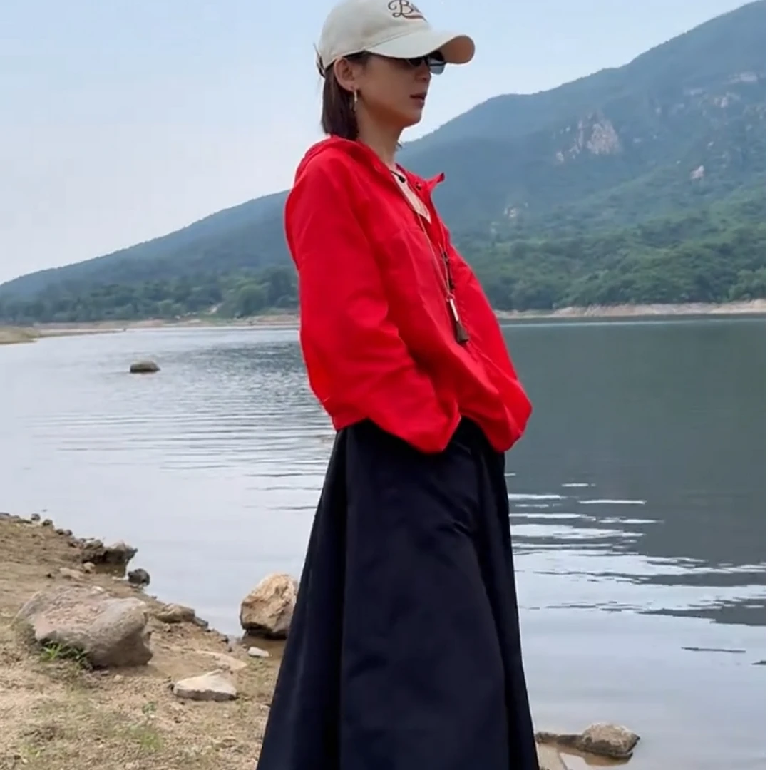 长裙中长裙松紧腰半身裙薄款A字大摆裙纯色黑色半裙时尚高腰夏款