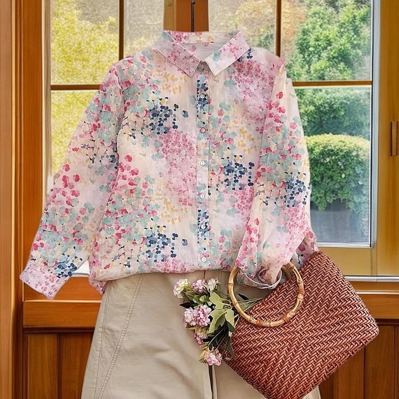 文艺复古百搭碎花衬衫女春季外穿长袖上衣气质减龄彩色打底衫衬衣