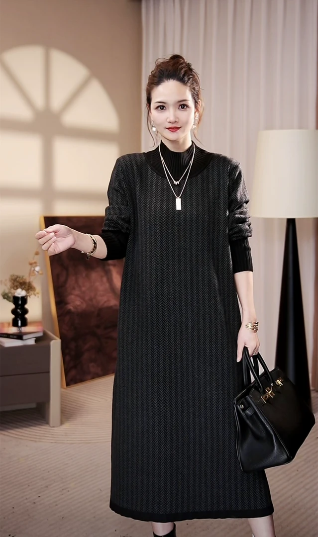 高端【镜默黑】时尚春秋轻奢时尚毛衣洋气打底宽松连衣裙-1281#