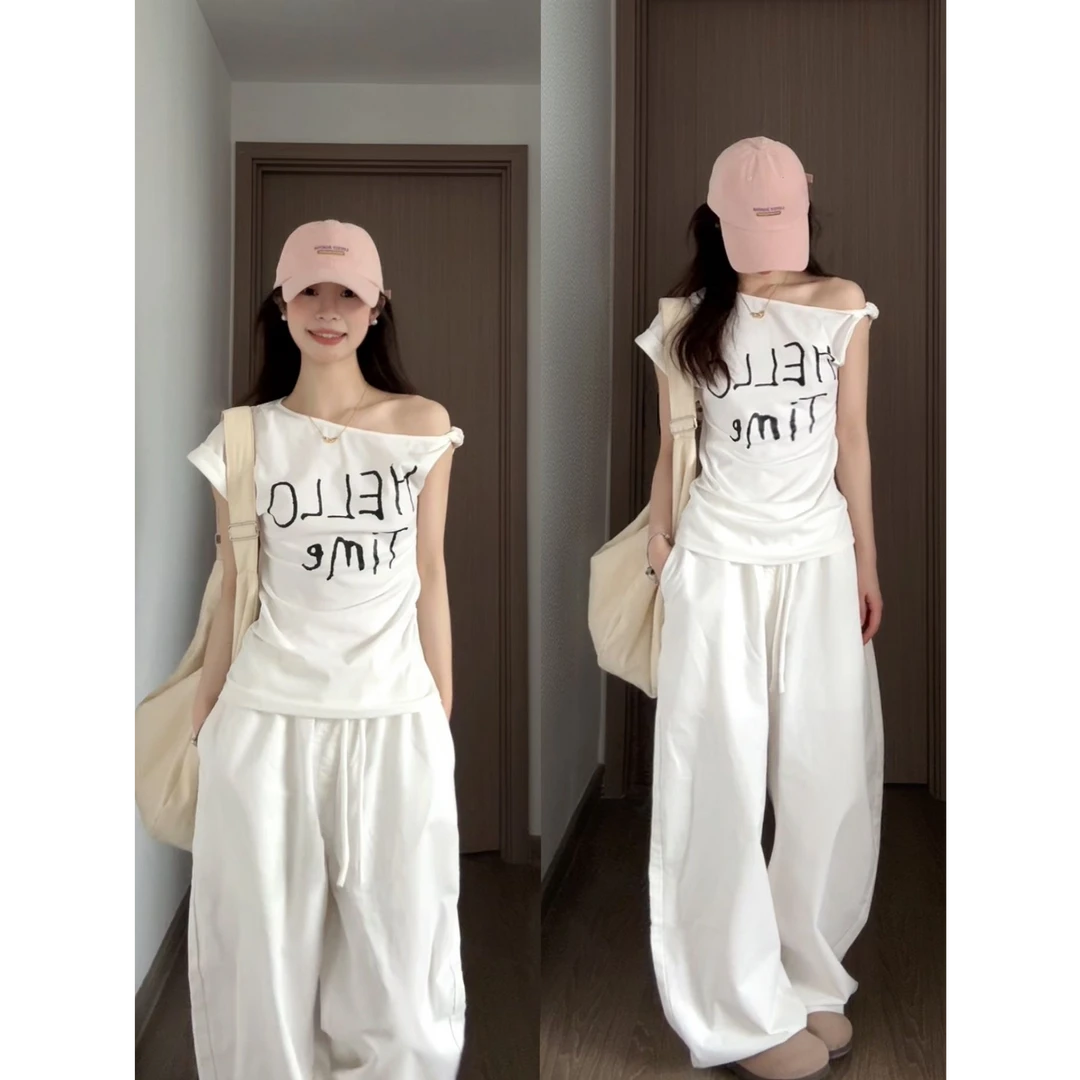 斜领露肩短袖t恤女夏季时尚休闲百搭修身显瘦美式辣妹甜美上衣