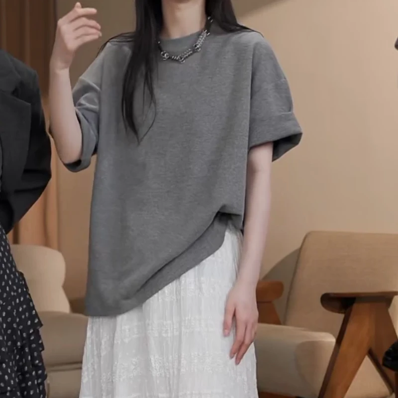 新款韩版半袖T恤女落肩大版宽松休闲极简短袖LK2501476