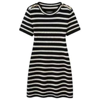 时尚百搭经典休闲黑白横条纹收腰针织女士连衣裙-8049