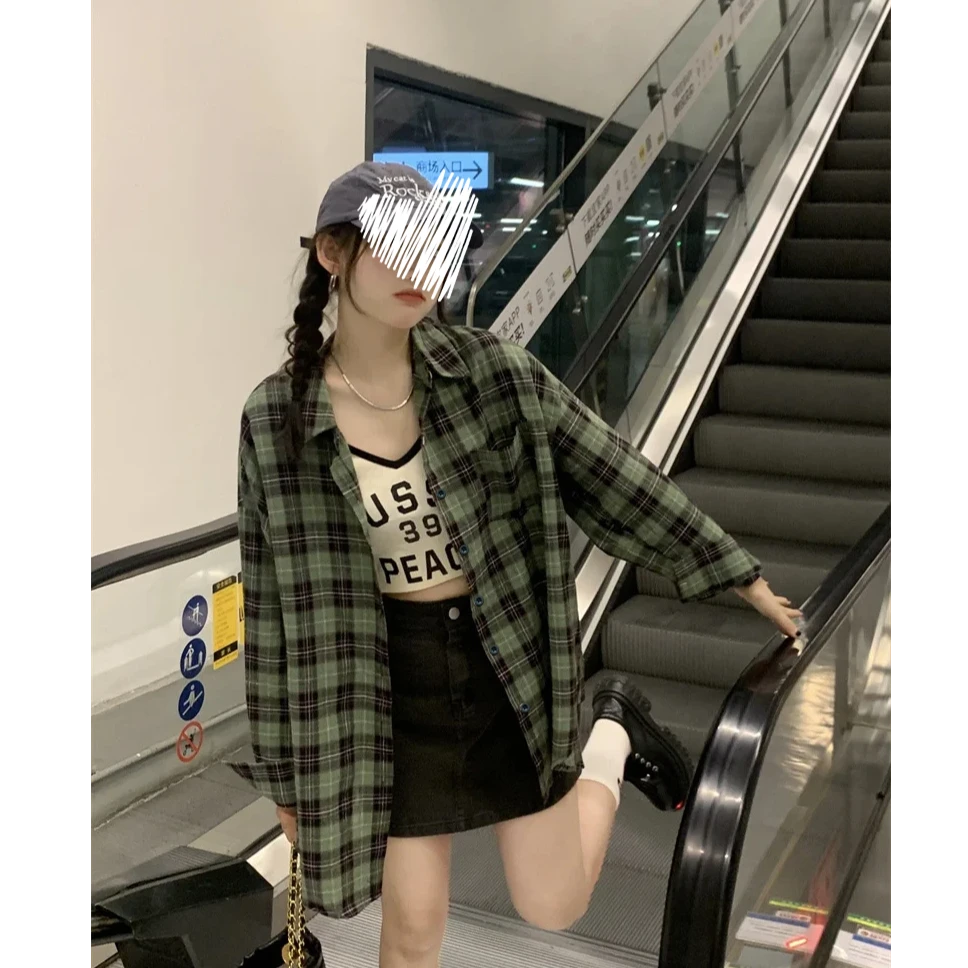 绿色格子衬衫外套女春秋2025新款宽松薄款休闲中长款防晒衬衣上衣