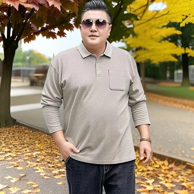 春秋季polo上衣宽松长袖T恤商务翻领口袋打底衫男士休闲大码胖子
