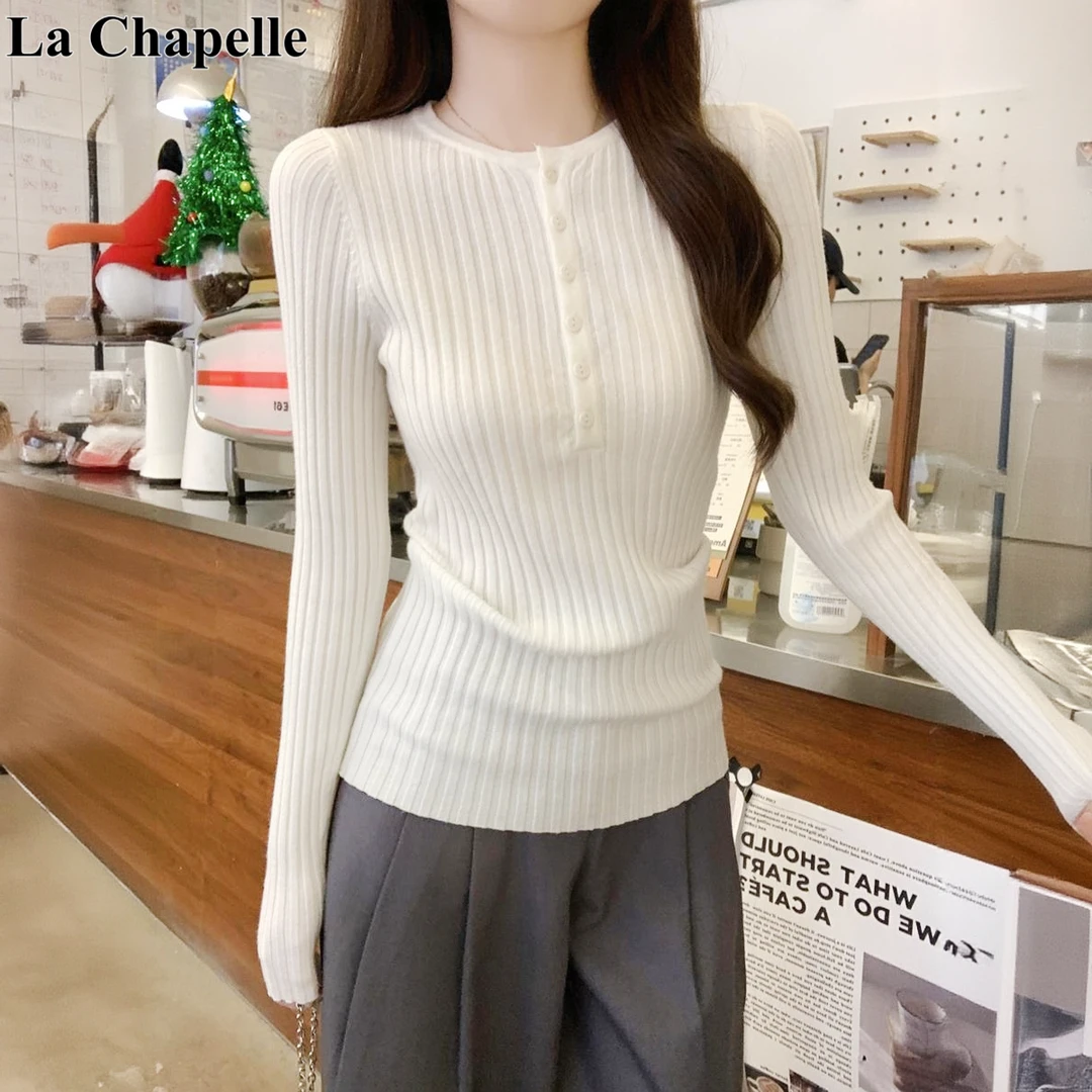 拉夏贝尔秋冬韩版气质坑条半开领上衣修身内搭针织衫打底衫毛衣女