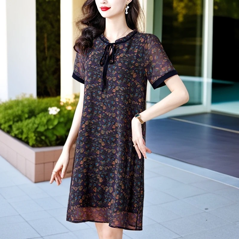 真丝连衣裙女夏季洋气高端桑蚕丝大码女装胖mm香云纱中老年碎花裙