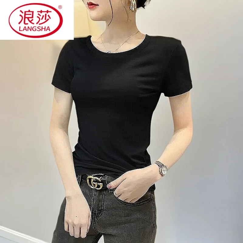 浪莎恤女短袖2025T显瘦夏季新款紧身百搭体恤半袖黑色小圆领