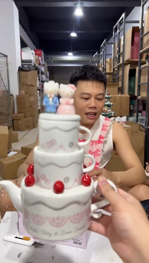 瓷片原盒kt猫结婚茶壶套组