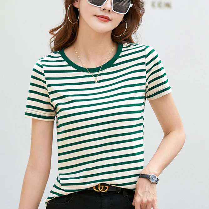 2025夏季经典条纹上衣韩系百搭宽松圆领短袖小众设计感撞色t恤衫