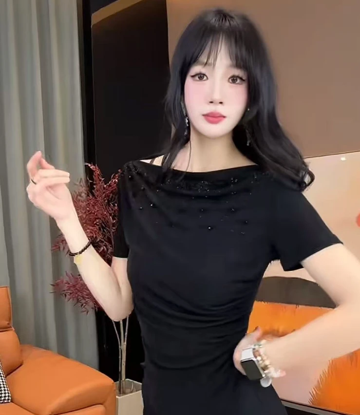 六金定制--[J255]法式奢华重工烫钻一字肩弹力显瘦不规则短袖T恤