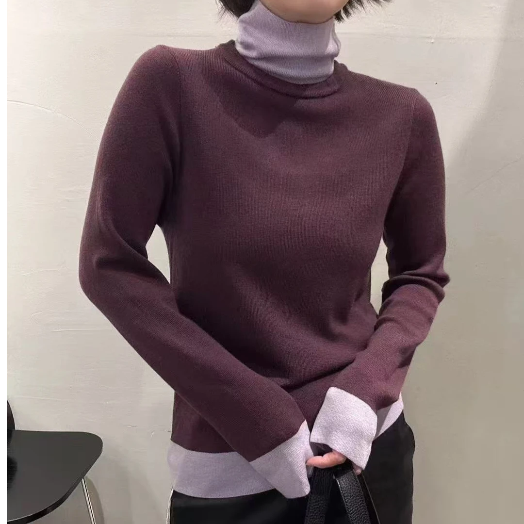百搭高级感休闲针织拼色高领针织衫 H2037