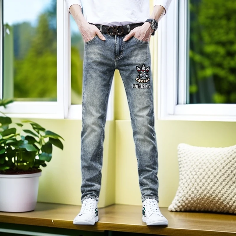 娜罗普西夏季新款刺绣牛仔裤男字母印花潮牌休闲百搭修身小脚裤子