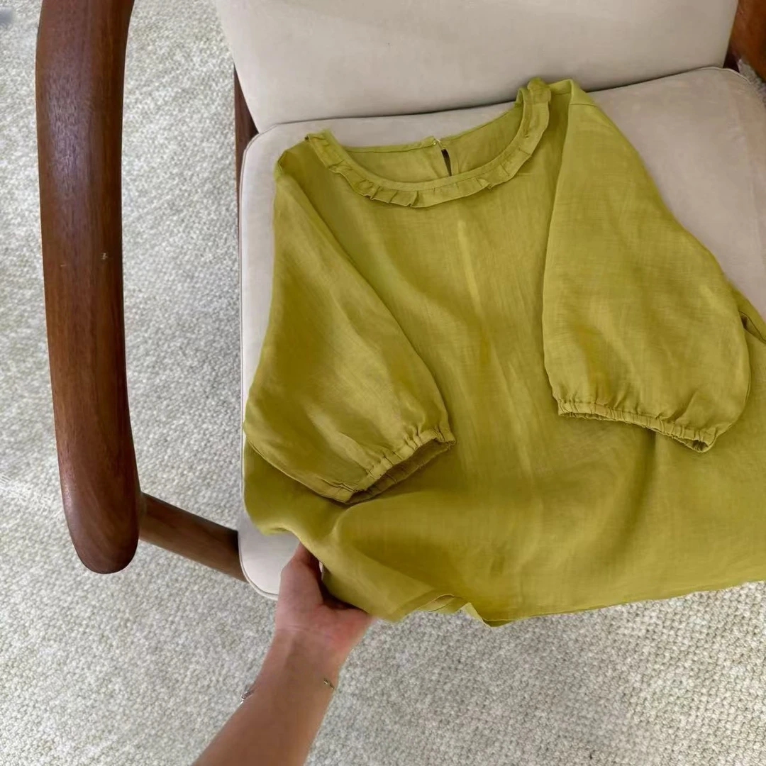 【欢欢专属】2025苎麻花边领纯色短袖夏季新款时尚文艺休闲简约