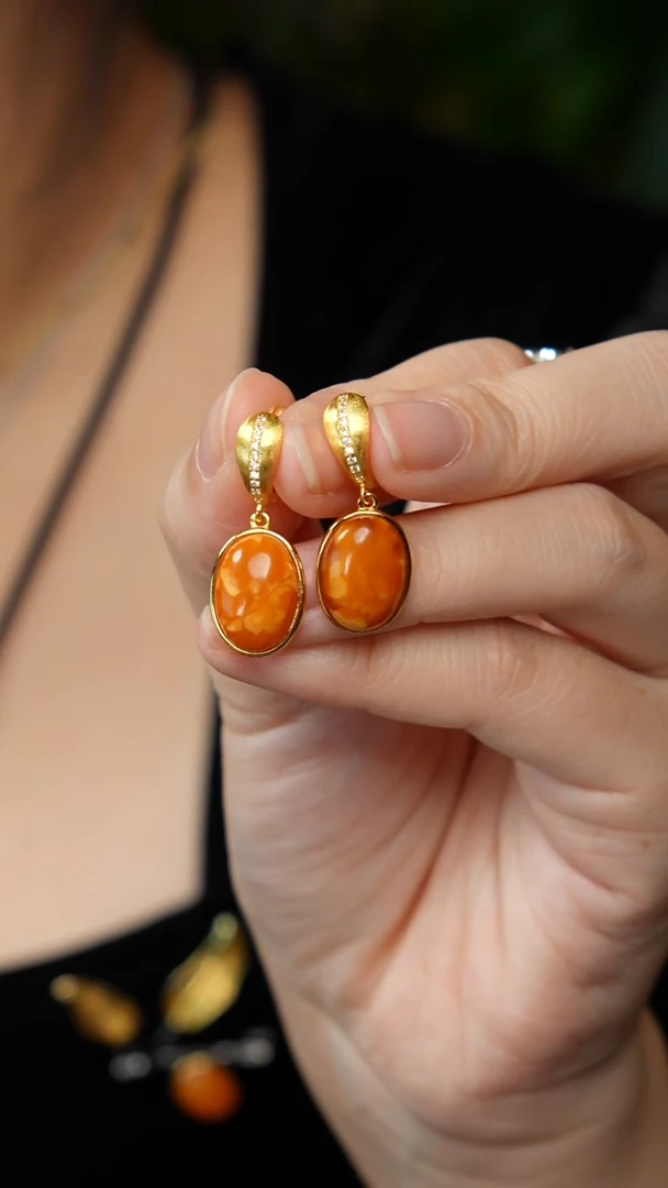 蜜蜡银S925镶嵌耳坠-老蜡