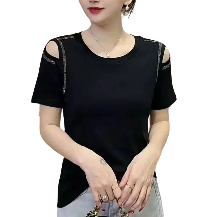 敏子家817欧式短袖吸汗钉珠T恤宽松圆领纯色显瘦红色百搭女士