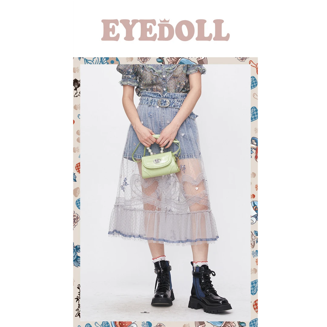 EYEDOLL夏季小众网纱修身牛仔拼接蝴蝶结绣花短裤