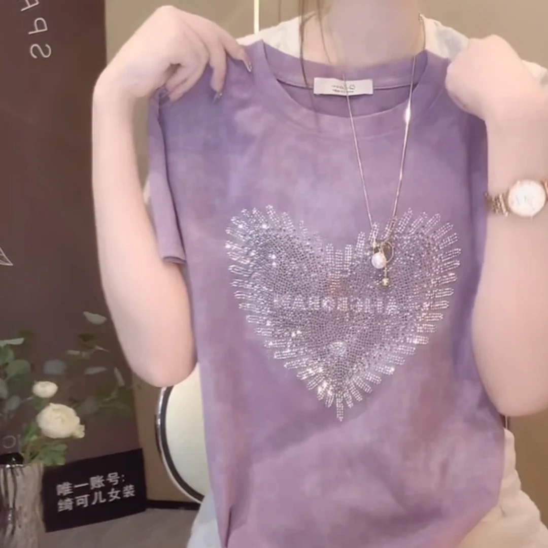 2525夏季新款爱心烫钻重工T恤女显瘦遮肚减龄圆领百搭上衣