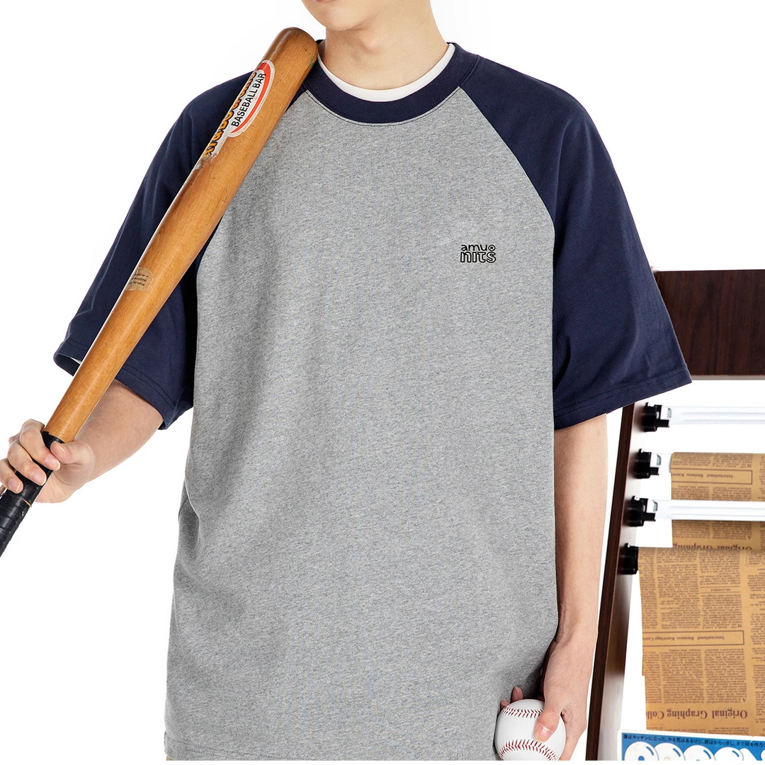 日系230g重磅宽松插肩袖半袖T恤男女撞色复