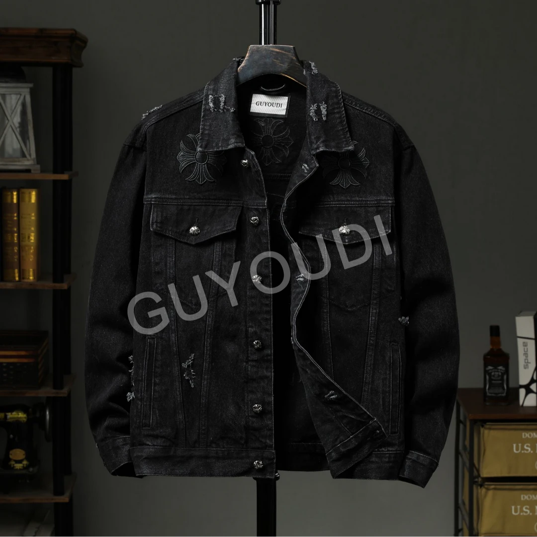 男女同款新款外套牛仔磨破男士外套秋冬款轻奢痞帅高级感男装夹克